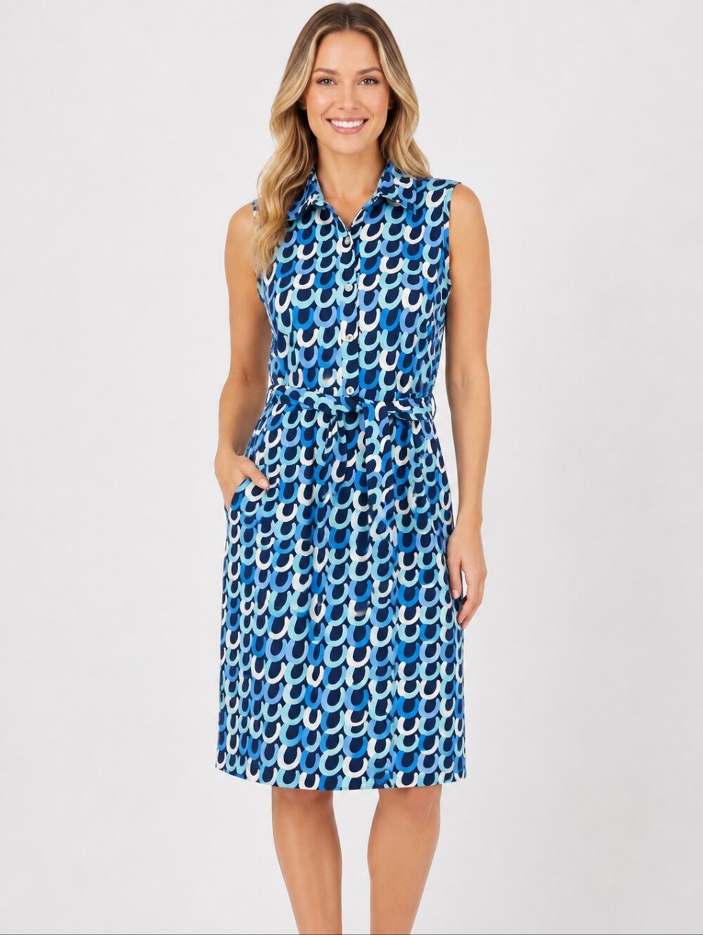 J. McLaughlin Dress Womens Small Blue White Geometric Sleeveless Belted Pockets